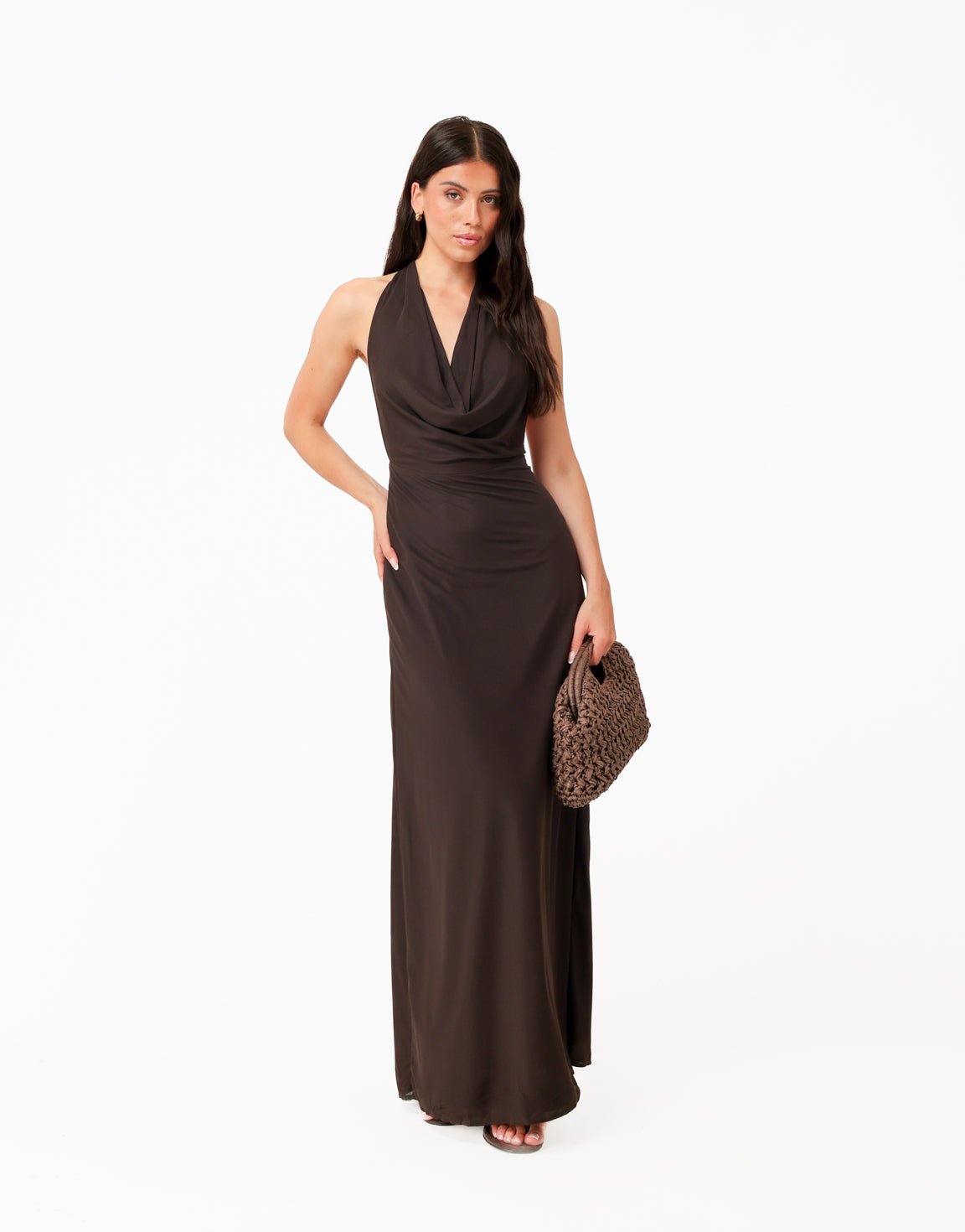 Donkerbruine Open Halter Lange - Jurk - Olivia & Kate