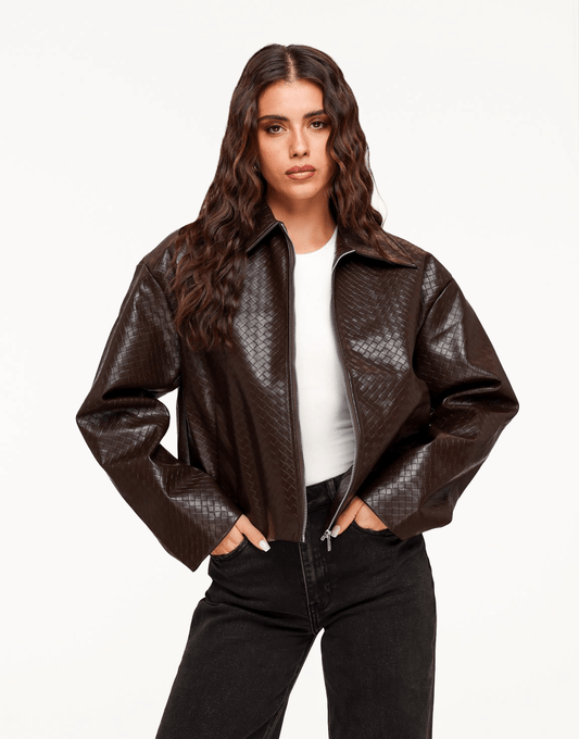 Donkerbruine Patroon PU Leren - Jas - Olivia & Kate