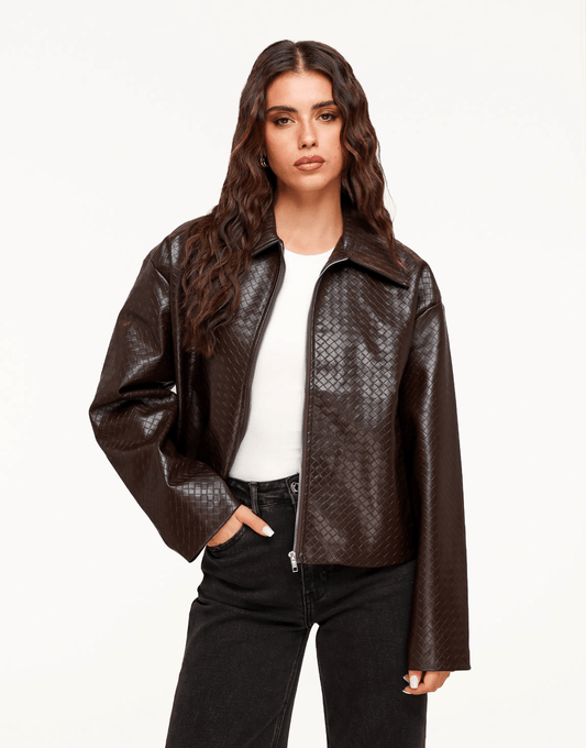 Donkerbruine Patroon PU Leren - Jas - Olivia & Kate