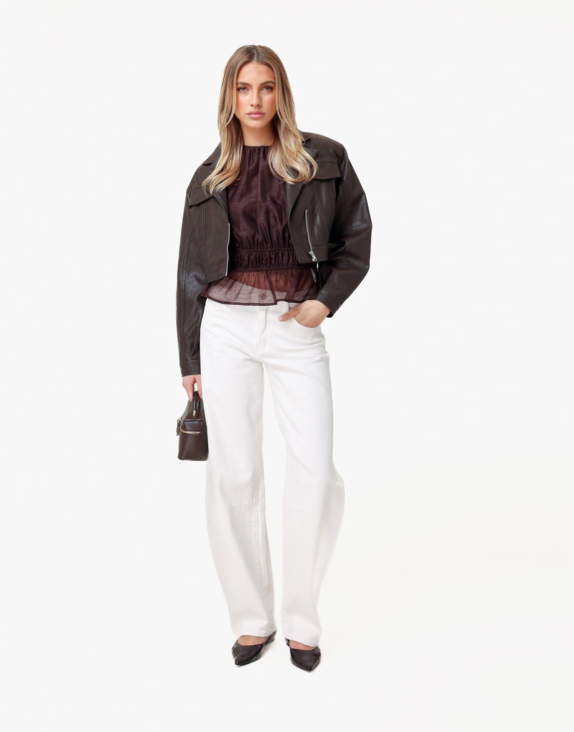 Donkerbruine PU Biker Jas + Witte Ballon Spijkerbroek - Set - Olivia & Kate