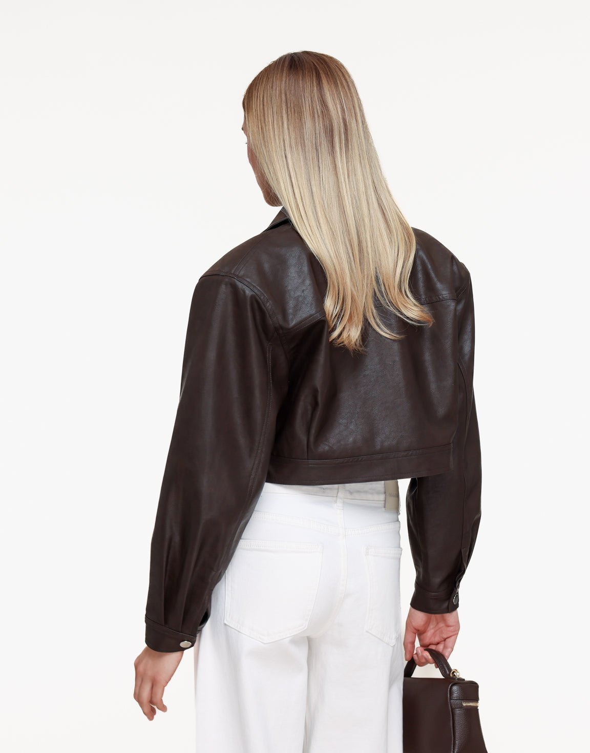 Donkerbruine PU Biker Jas + Witte Ballon Spijkerbroek - Set - Olivia & Kate