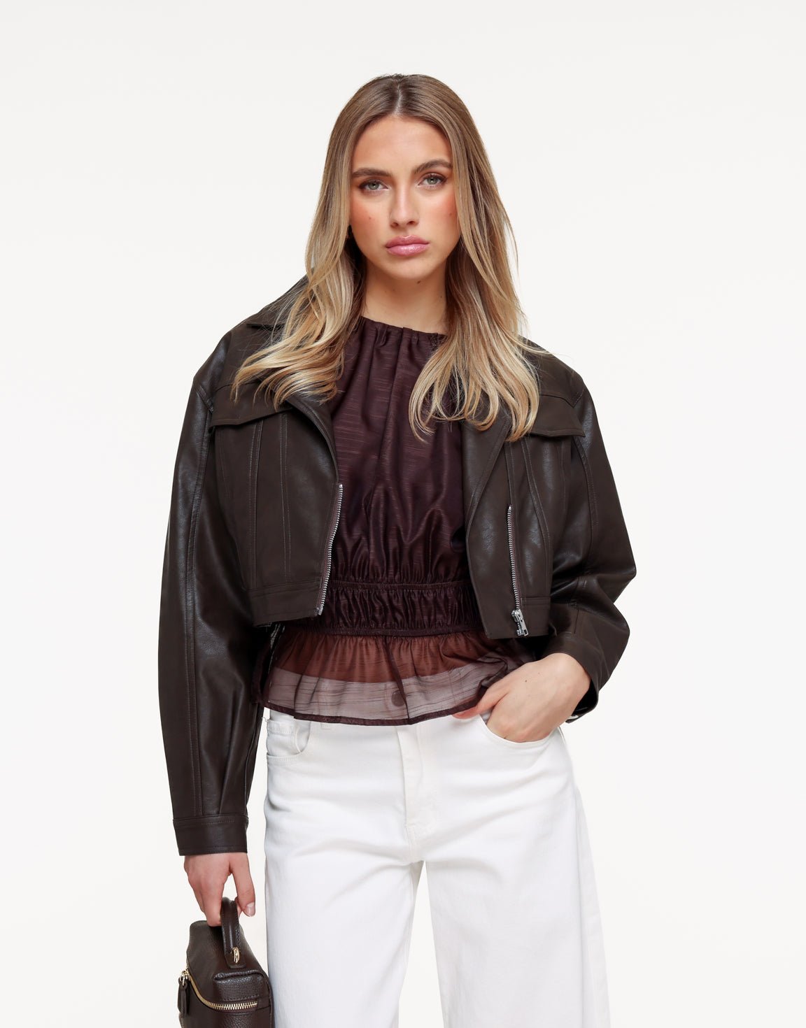 Donkerbruine PU Cropped Biker - Jas - Olivia & Kate