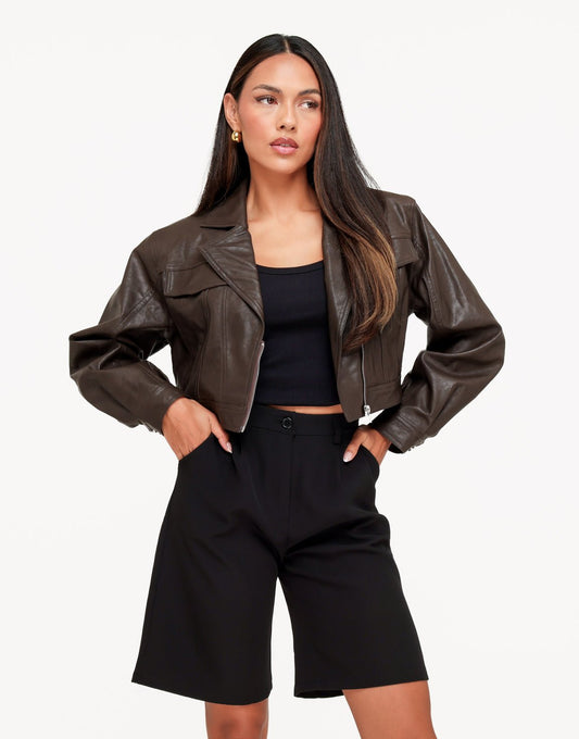 Donkerbruine PU Cropped Biker - Jas - Olivia & Kate