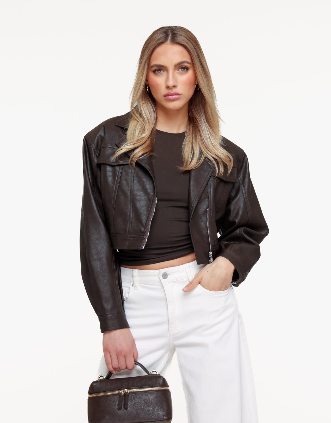 Donkerbruine PU Cropped Biker - Jas - Olivia & Kate