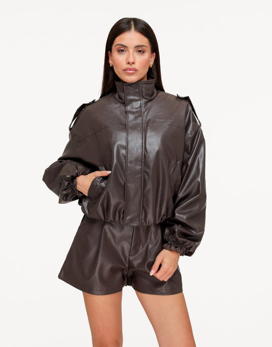 Donkerbruine PU Hoge Taille - Short - Olivia & Kate