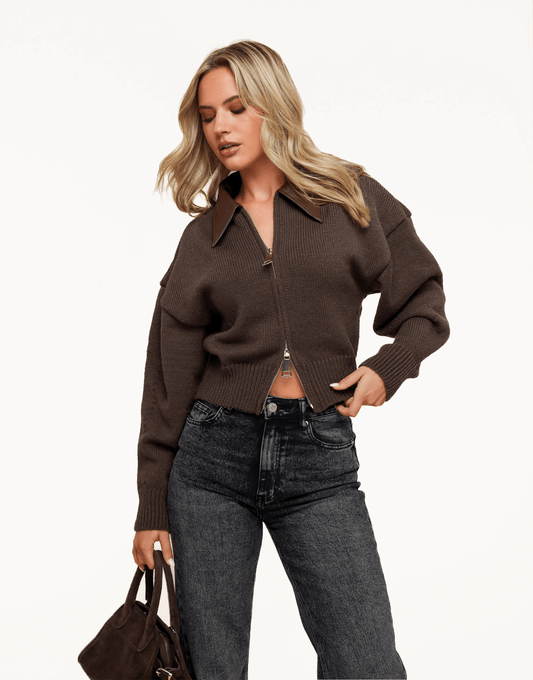 Donkerbruine PU Leren Kraag Gebreide - Vest - Olivia & Kate