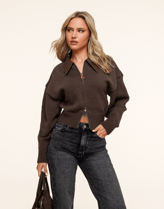 Donkerbruine PU Leren Kraag Gebreide - Vest - Olivia & Kate