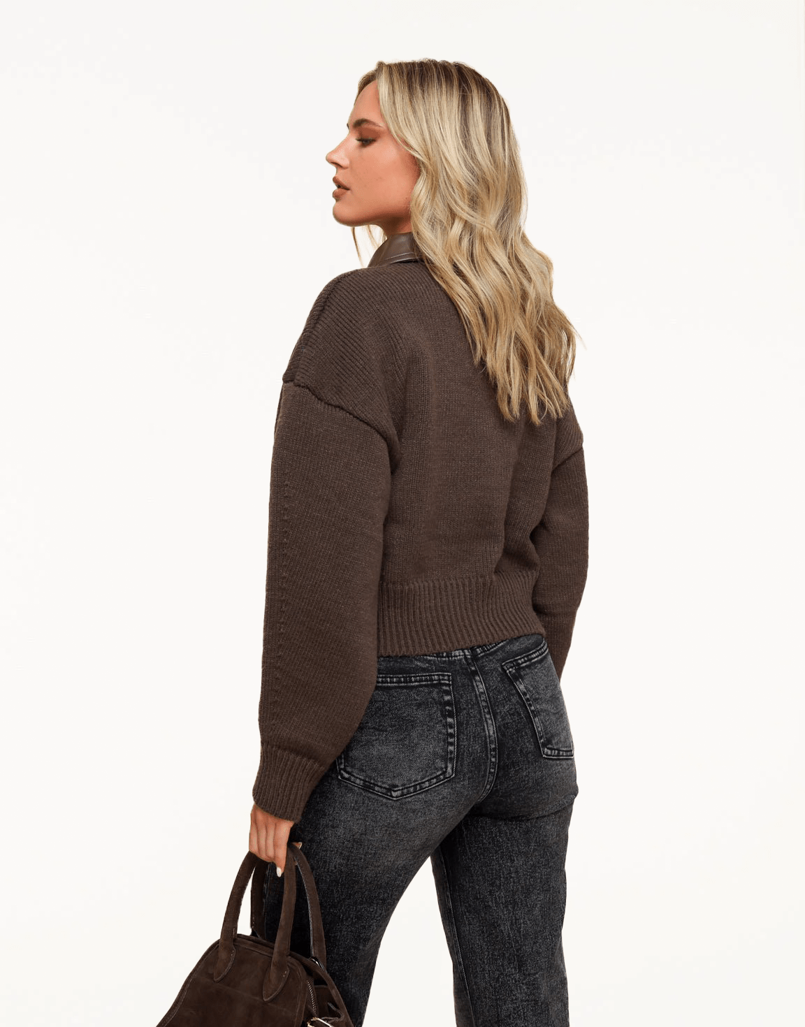 Donkerbruine PU Leren Kraag Gebreide - Vest - Olivia & Kate