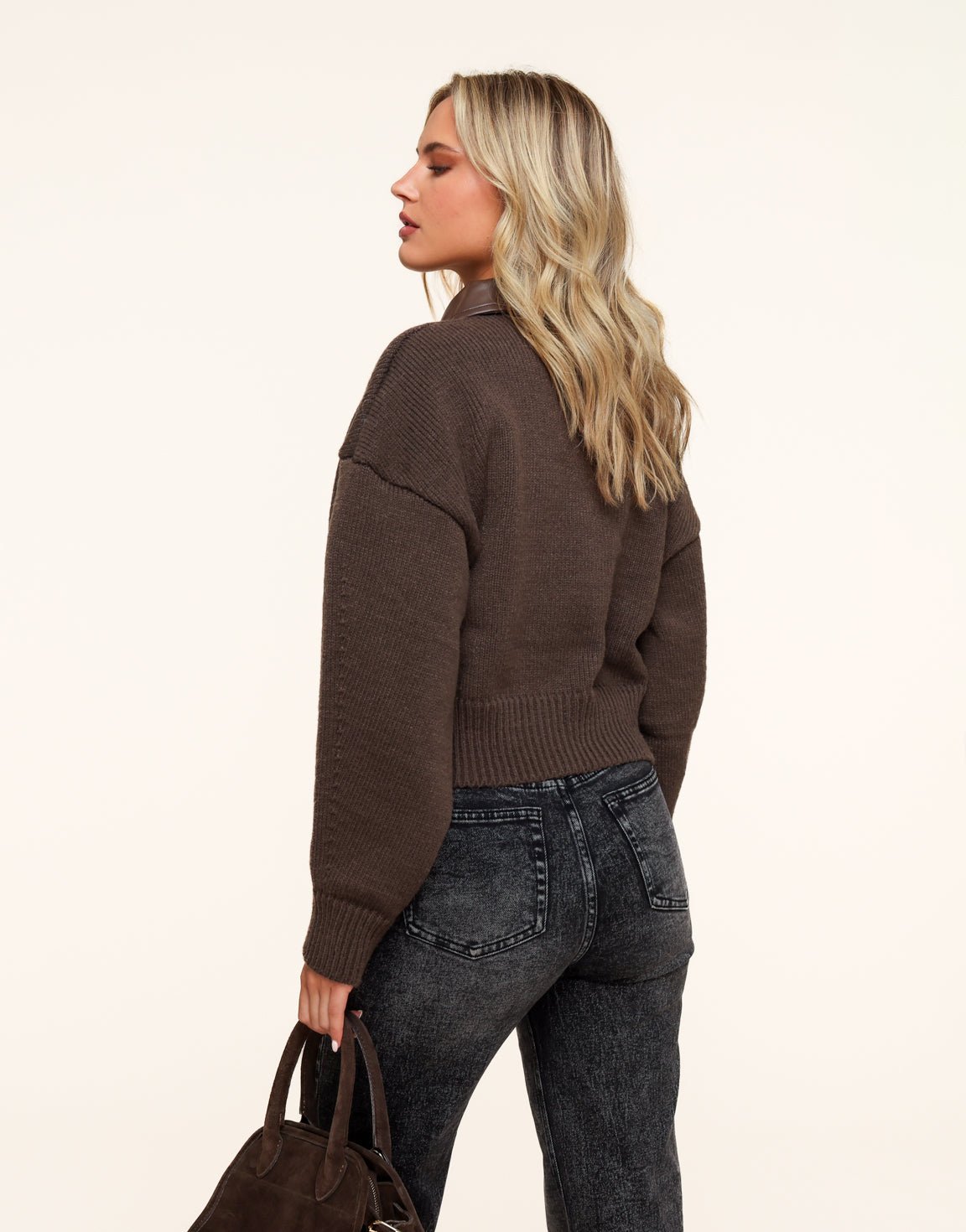 Donkerbruine PU Leren Kraag Gebreide - Vest - Olivia & Kate