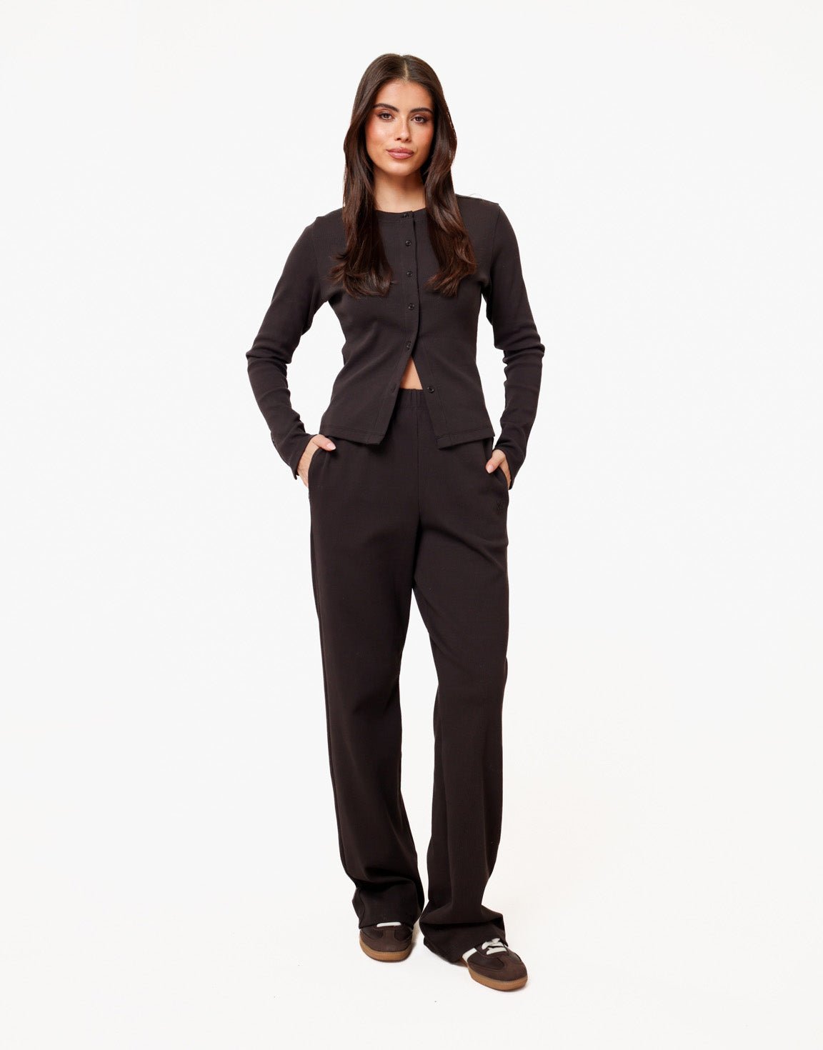 Donkerbruine Ribbel Lange Lounge - Broek - Olivia & Kate