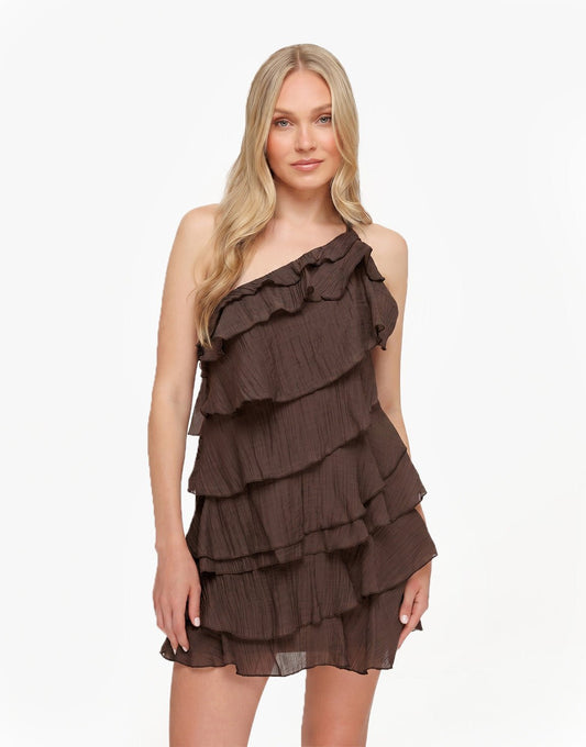 Donkerbruine Ruffel - Jurk - Olivia & Kate