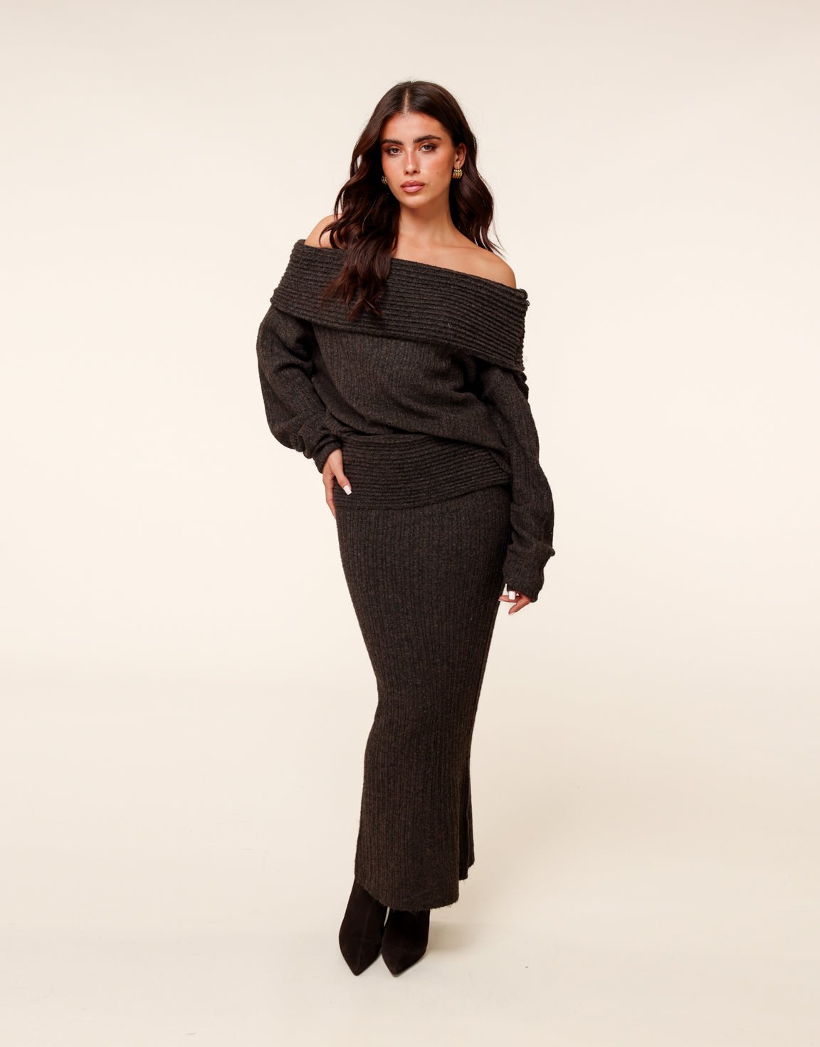 Donkerbruine Stevige Gebreide Maxi - Rok - Olivia & Kate