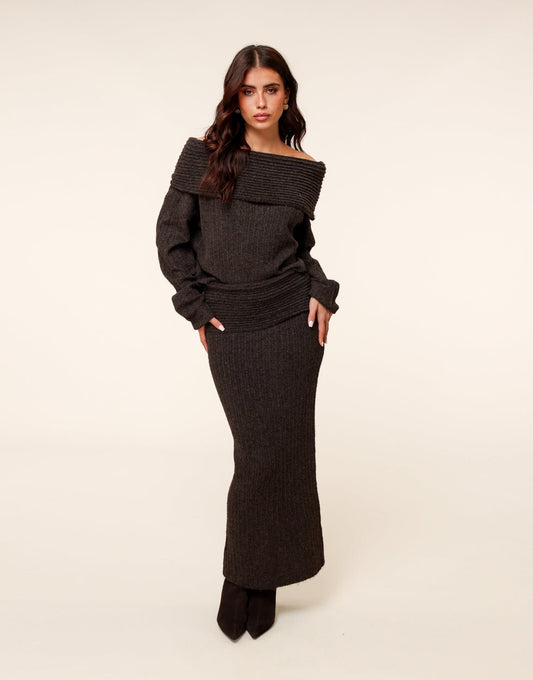 Donkerbruine Stevige Gebreide Maxi - Rok - Olivia & Kate