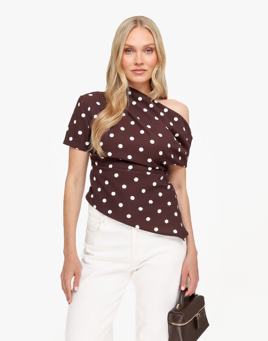 Donkerbruine Stippen Gedrapeerde Off Shoulder - Top - Olivia & Kate