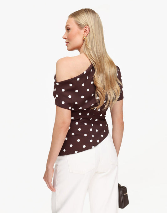 Donkerbruine Stippen Gedrapeerde Off Shoulder - Top - Olivia & Kate