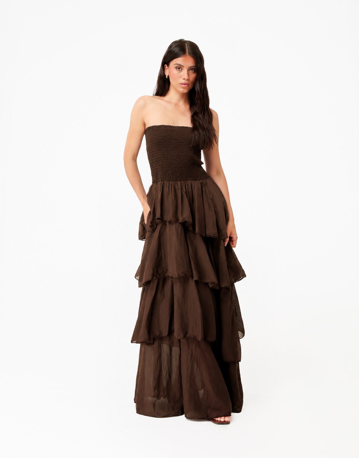 Donkerbruine Strapless Lange Maxi Ruffel - Jurk - Olivia & Kate