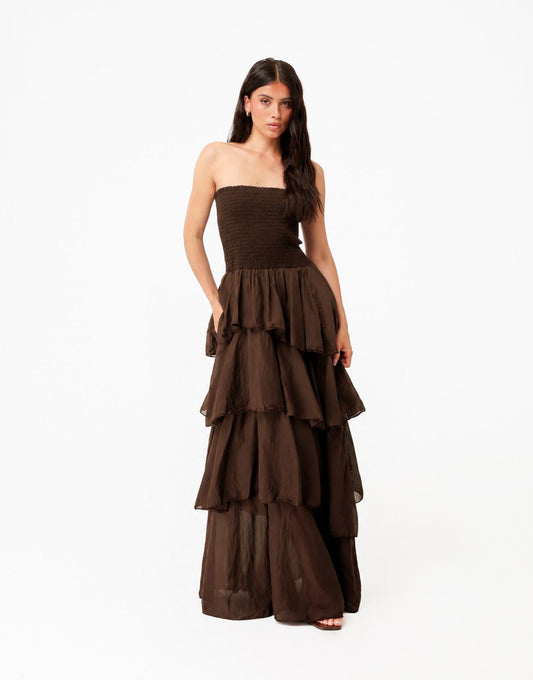 Donkerbruine Strapless Lange Maxi Ruffel - Jurk - Olivia & Kate