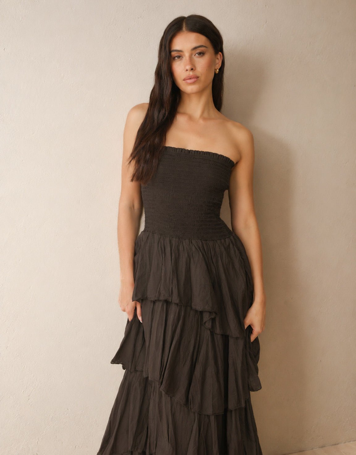 Donkerbruine Strapless Lange Maxi Ruffel - Jurk - Olivia & Kate