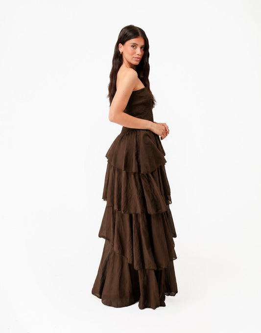 Donkerbruine Strapless Lange Maxi Ruffel - Jurk - Olivia & Kate