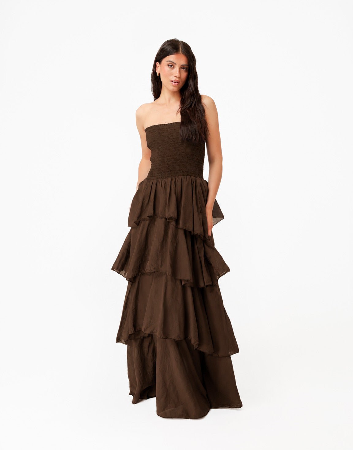 Donkerbruine Strapless Lange Maxi Ruffel - Jurk - Olivia & Kate