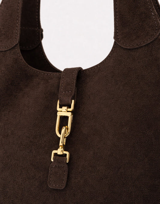 Donkerbruine Suede Gouden Detail Langwerpige - Tas - Olivia & Kate