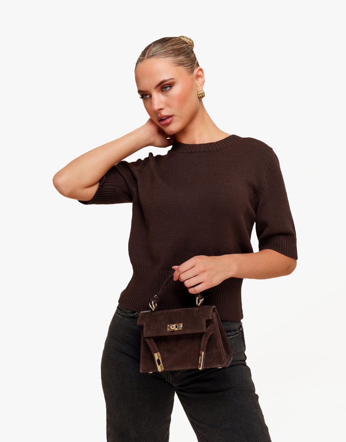 Dark Brown Suede Gold Detail - Bag - Olivia & Kate