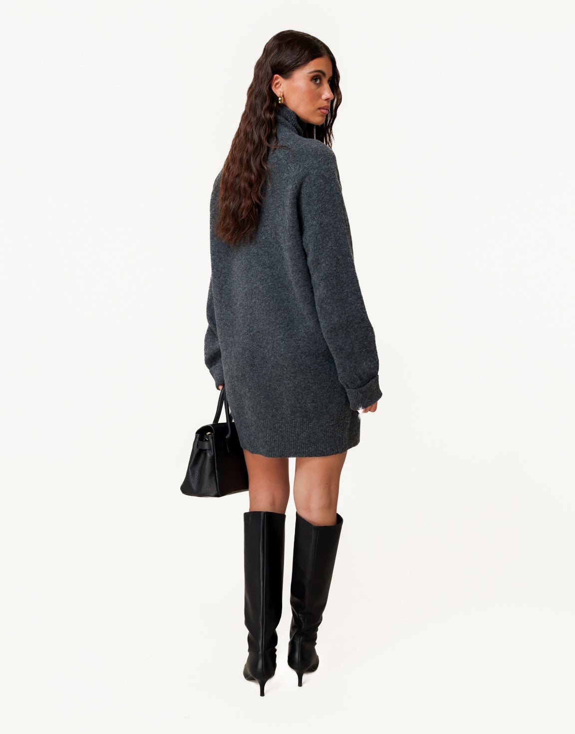 Donkergrijze Gebreide Hoge Kraag - Jurk - Olivia & Kate