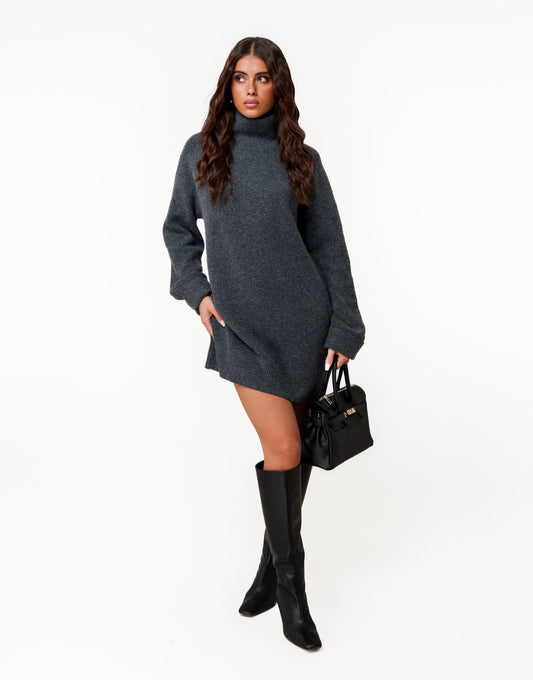 Donkergrijze Gebreide Hoge Kraag - Jurk - Olivia & Kate