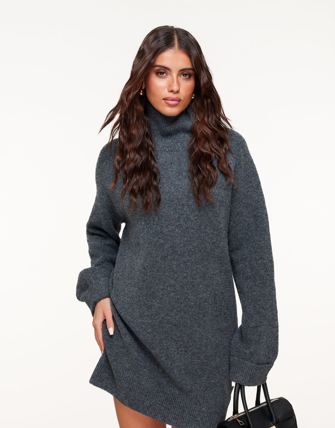 Donkergrijze Gebreide Hoge Kraag - Jurk - Olivia & Kate