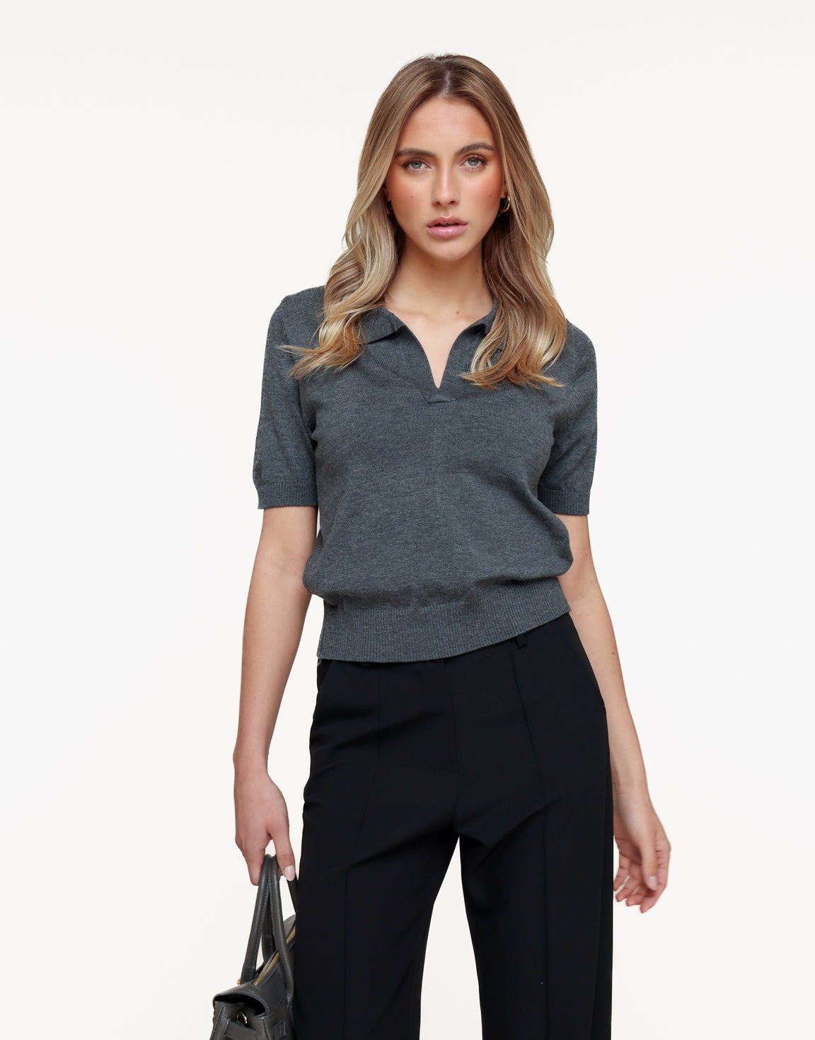 Donkergrijze Gebreide SS Polo - Top - Olivia & Kate