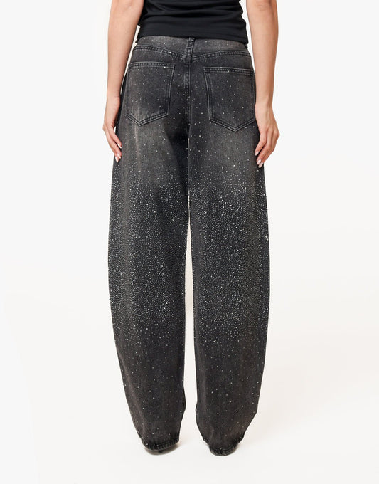 Donkergrijze Glitter Stenen Wijde - Spijkerbroek - Olivia & Kate