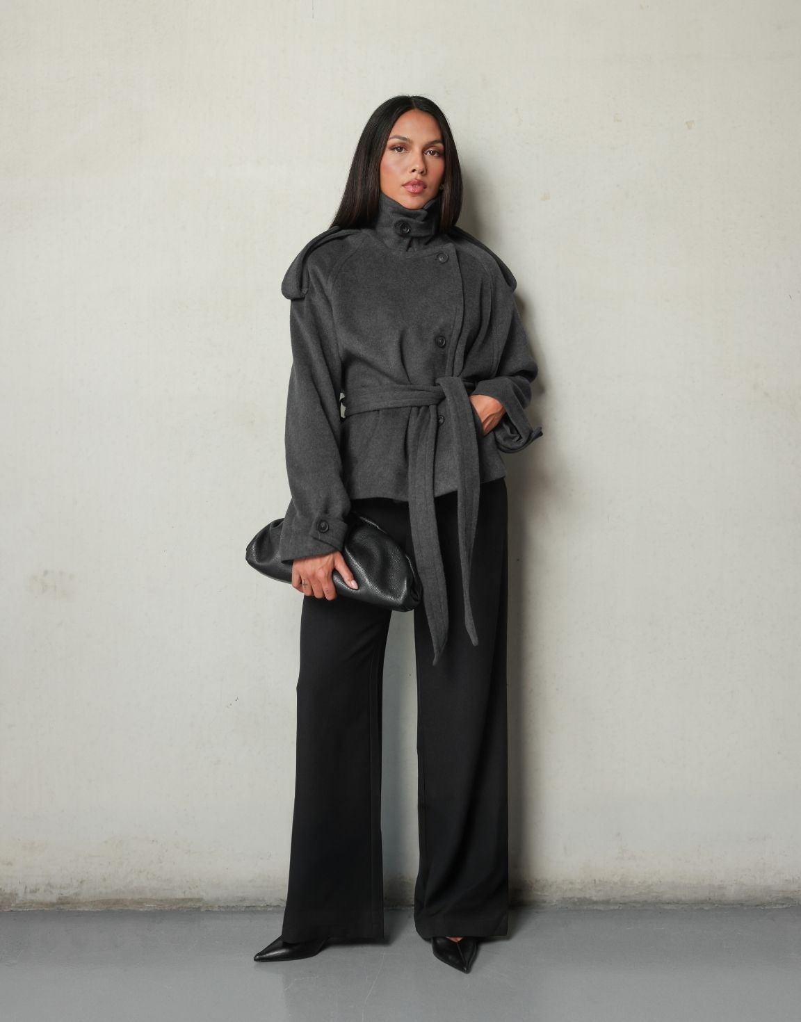 Donkergrijze Oversized Kraag Ceintuur - Jas - Olivia & Kate
