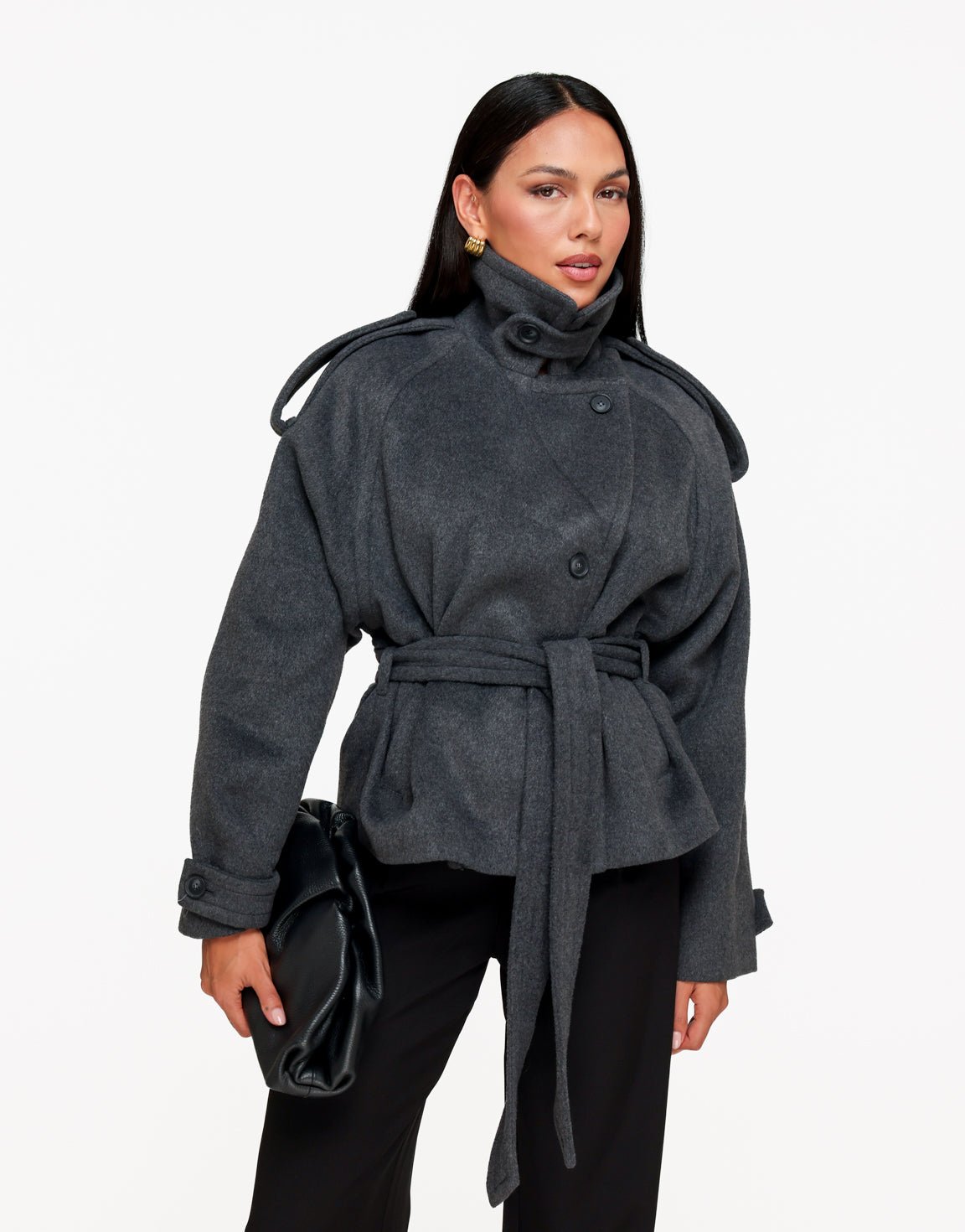 Donkergrijze Oversized Kraag Ceintuur - Jas - Olivia & Kate