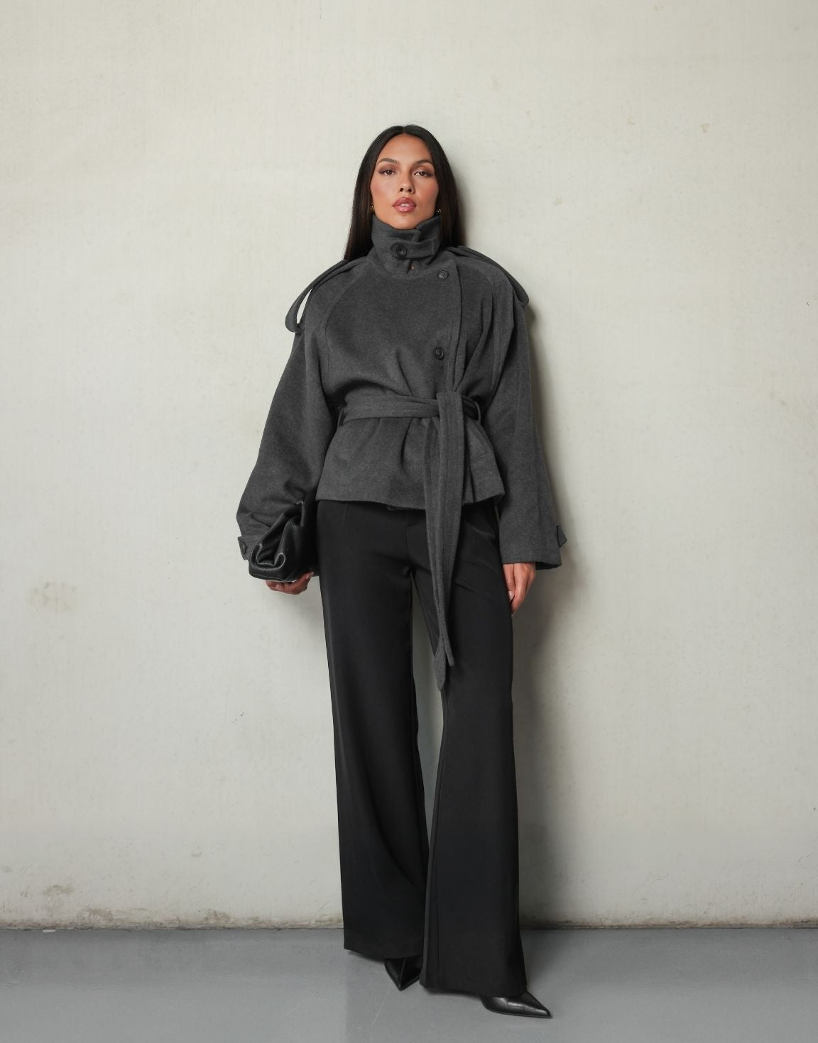 Donkergrijze Oversized Kraag Ceintuur - Jas - Olivia & Kate