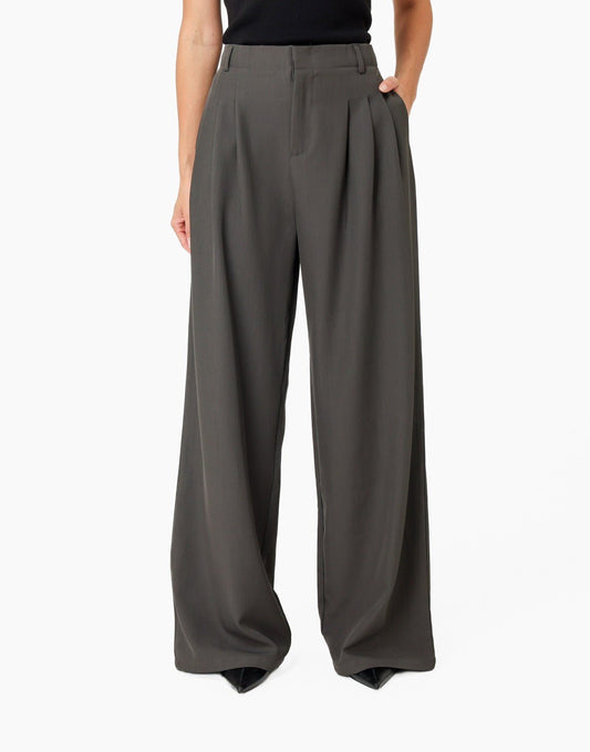 Donkergrijze Wijde Pasvorm Plooien - Pantalon - Olivia & Kate