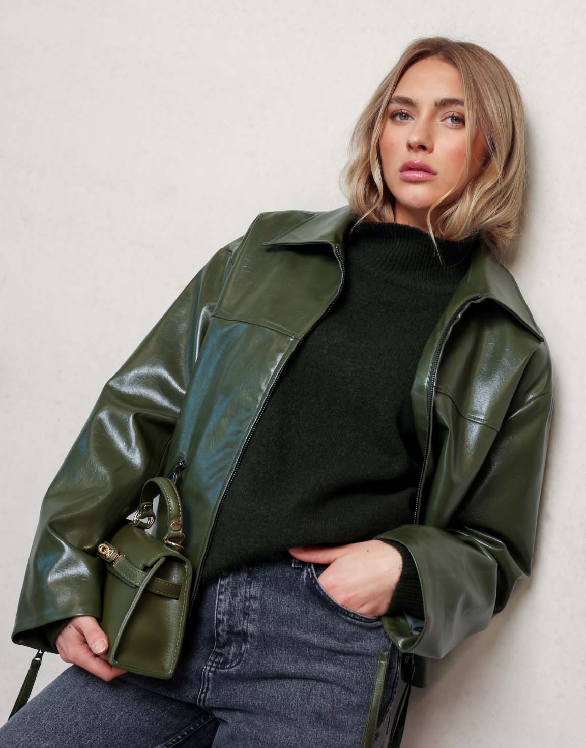 Dark Green Knitted High Neck Balloon Sleeves - Sweater - Olivia & Kate