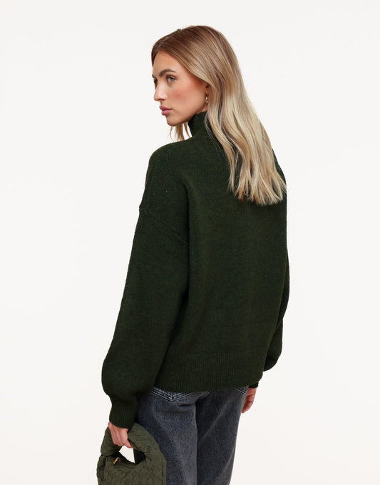 Dark Green Knitted High Neck Balloon Sleeves - Sweater - Olivia & Kate