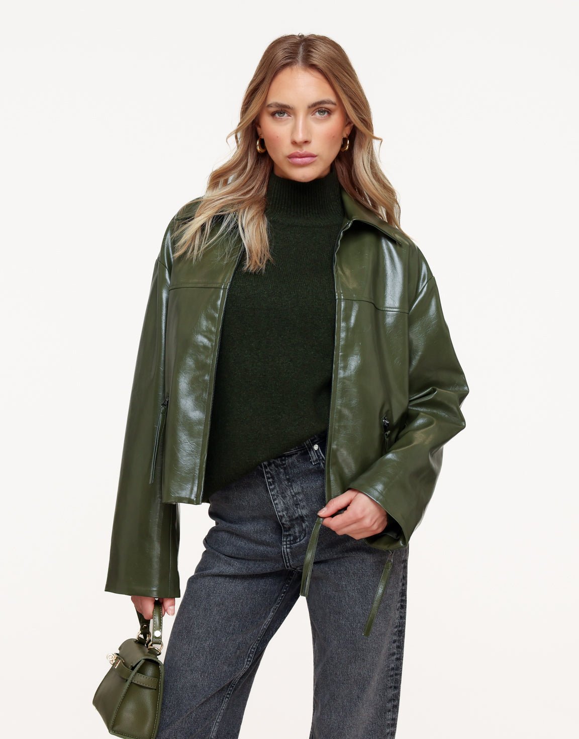 Dark Green Knitted High Neck Balloon Sleeves - Sweater - Olivia & Kate