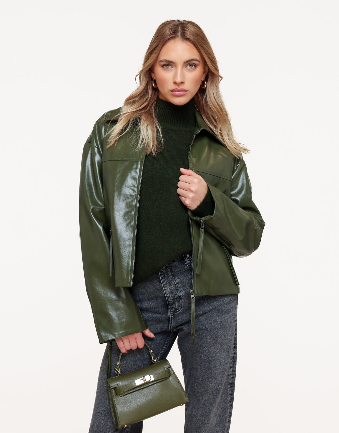 Donkergroene Gebreide Trui + Donkergroene PU Leren Jas - Set - Olivia & Kate