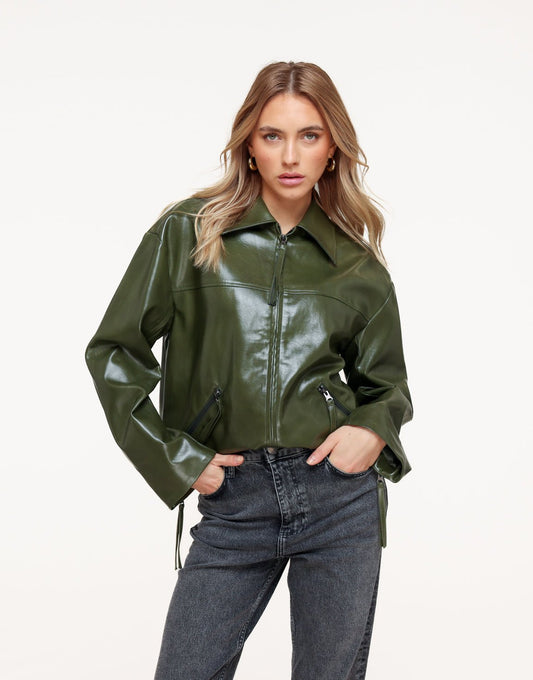Dark Green Straight PU Leather - Jacket - Olivia & Kate
