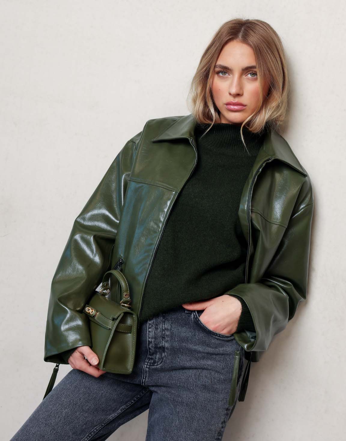 Dark Green Straight PU Leather - Jacket - Olivia & Kate
