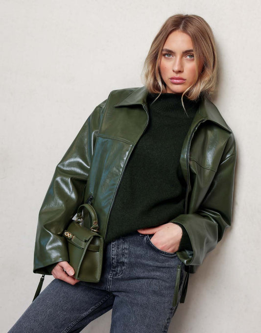 Dark Green Straight PU Leather - Jacket - Olivia & Kate