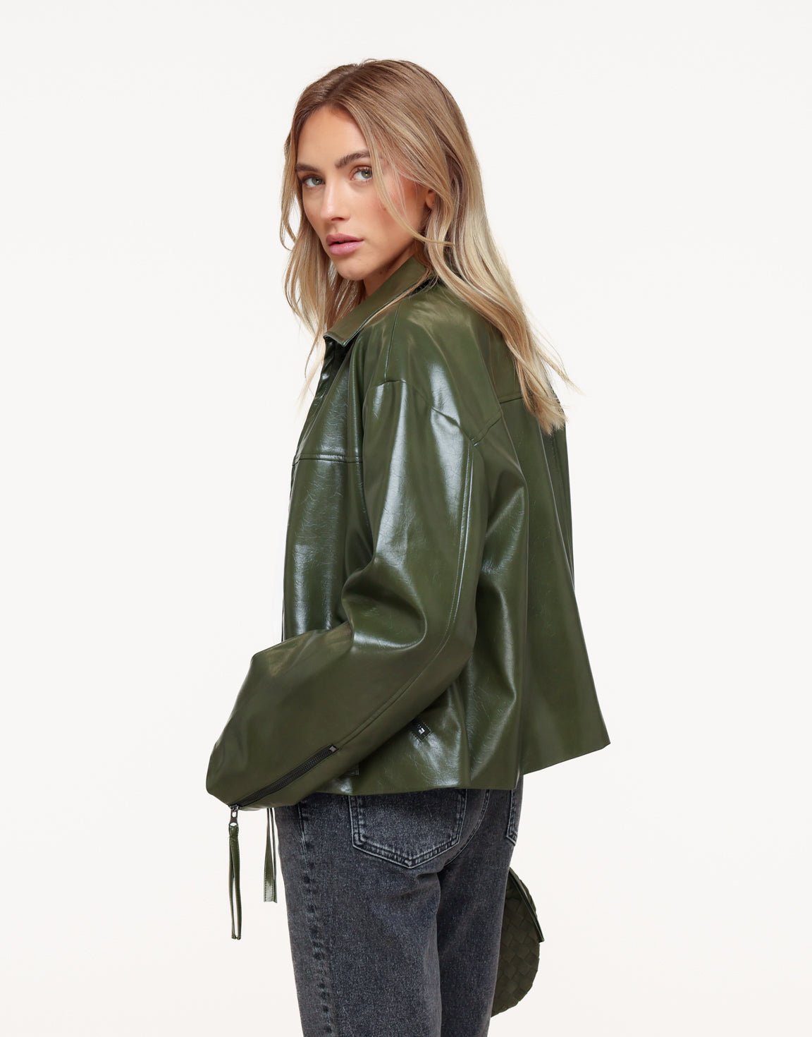 Dark Green Straight PU Leather - Jacket - Olivia & Kate