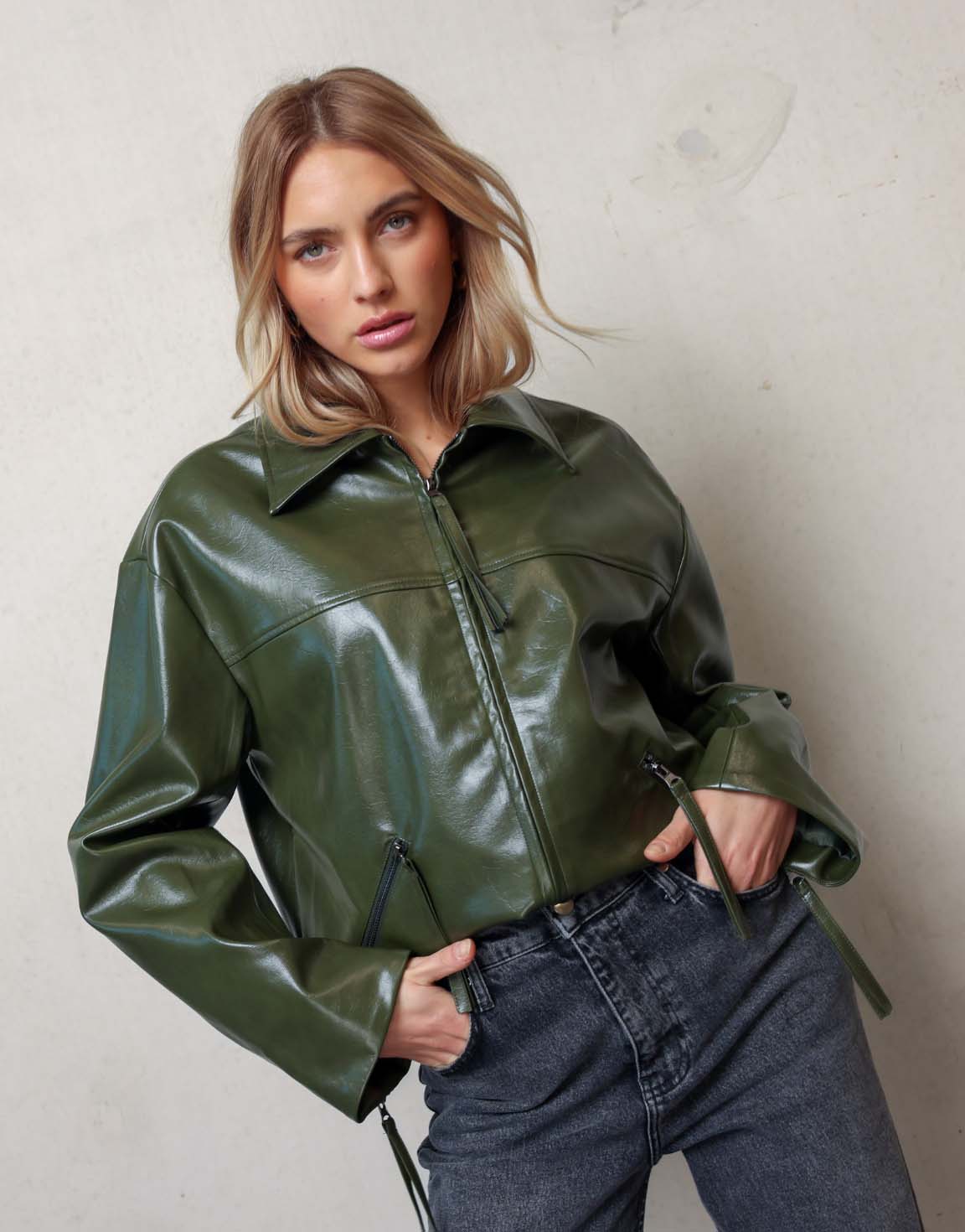 Dark Green Straight PU Leather - Jacket - Olivia & Kate