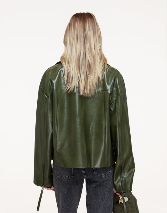Dark Green Straight PU Leather - Jacket - Olivia & Kate