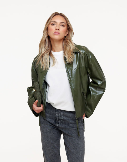 Dark Green Straight PU Leather - Jacket - Olivia & Kate