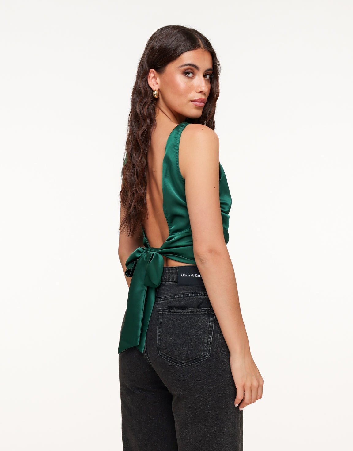 Donkergroene Satijnen Open Rug - Top - Olivia & Kate