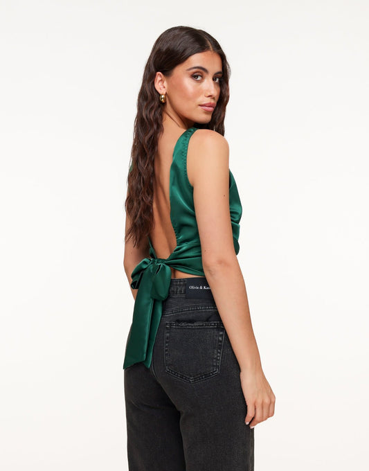 Donkergroene Satijnen Open Rug - Top - Olivia & Kate