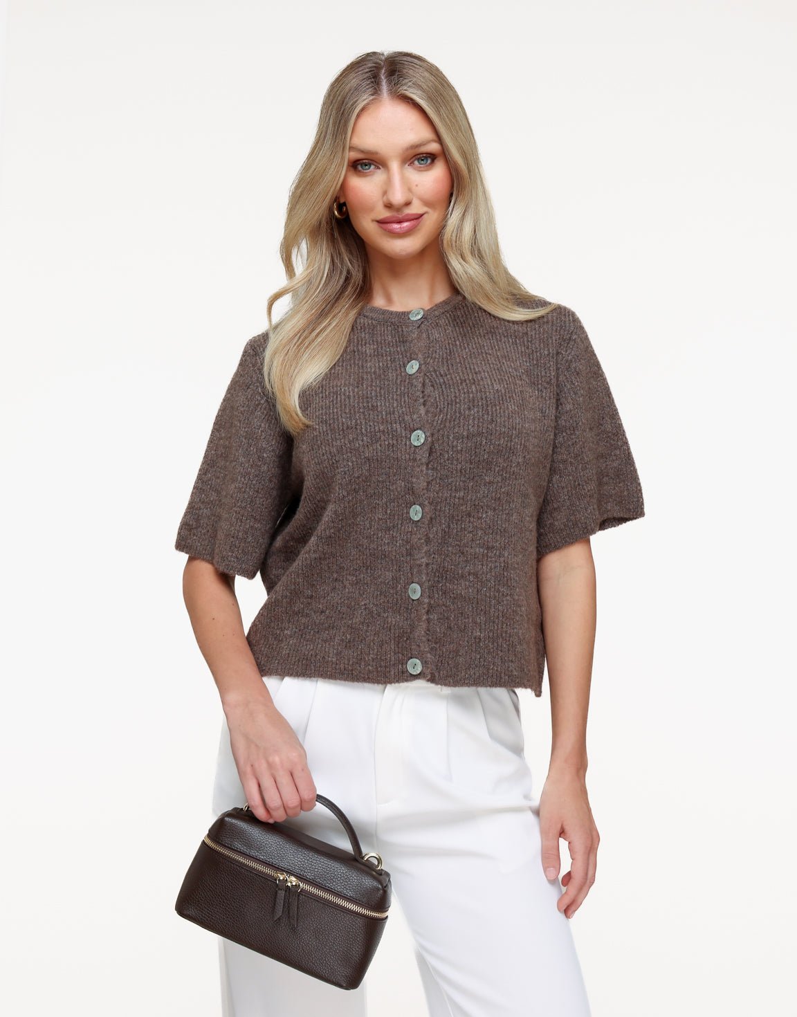 Dark Taupe Knitted 3/4 Sleeves - Cardigan - Olivia & Kate