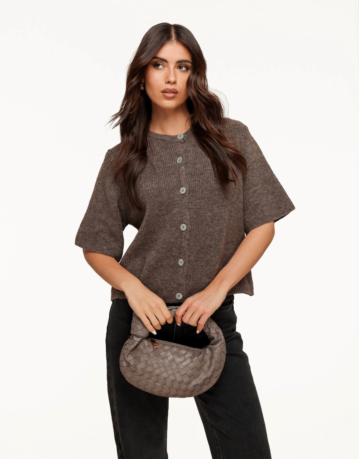 Donkertaupe Gebreide 3/4 Mouwen - Vest - Olivia & Kate